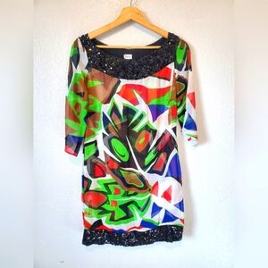💚5/$25 Caché 100% Silk & Sequin vibrant Abstract Print Sheer Mini Dress XS
